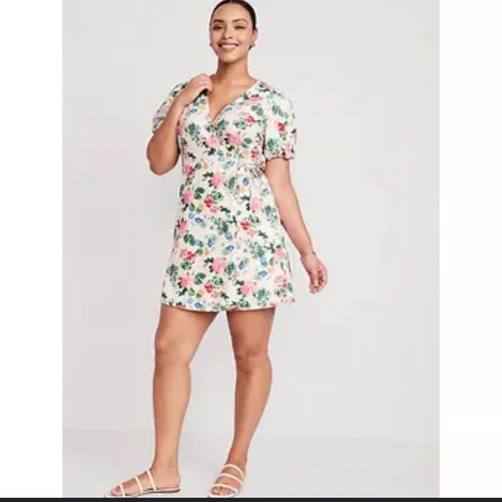 NWT Puff Sleeve Linen/Cotton Floral Cottegcore Mini Wrap Dress